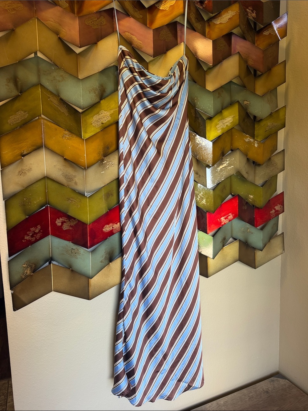 Altar'd State Blue, Brown & White Striped Satin Midi Skirt - strapless